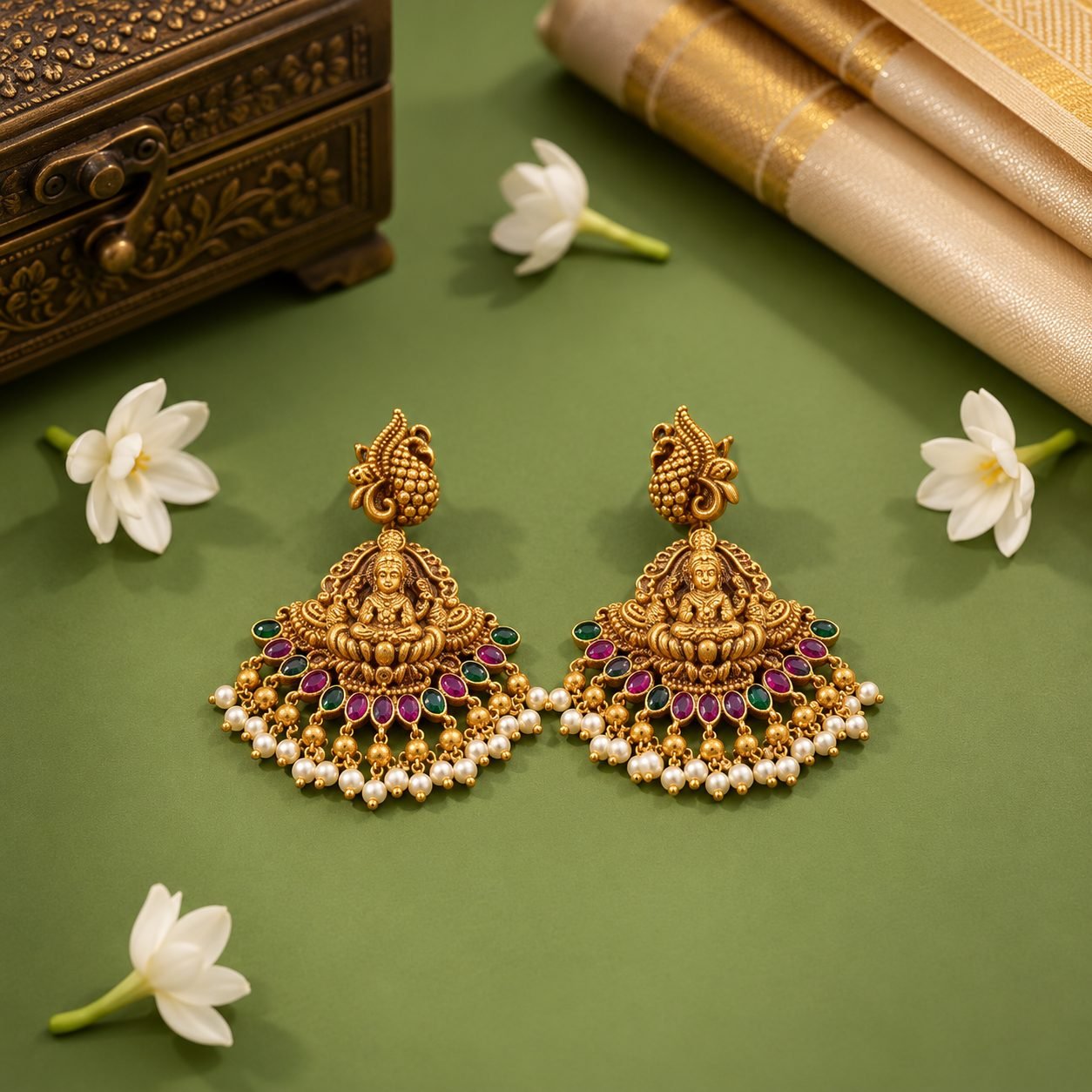 Ornate gold jhumka earrings